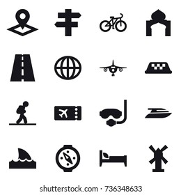 16 vector icon set : pointer, singlepost, bike, minaret, globe, plane, taxi, tourist, ticket, diving mask, yacht, shark flipper, compass, bed, windmill