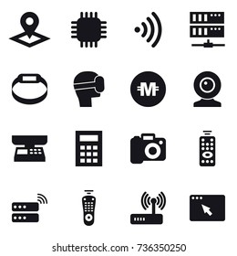 16 vector icon set : pointer, chip, wireless, server, smart bracelet, virtual mask, crypto currency, web cam, market scales, calculator, camera, remote control