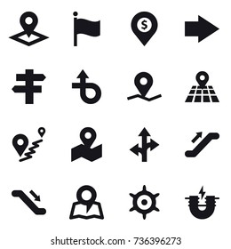 16 vector icon set : pointer, flag, dollar pin, right arrow, singlepost, escalator, map, handwheel