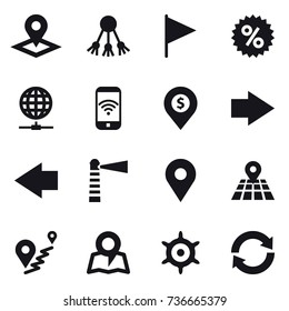 16 vector icon set : pointer, share, flag, percent, globe connect, phone wireless, dollar pin, right arrow, left arrow, lighthouse, map, handwheel, reload