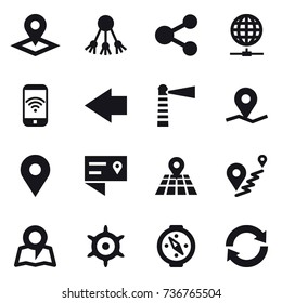 16 vector icon set : pointer, share, globe connect, phone wireless, left arrow, lighthouse, map, handwheel, compass, reload