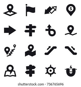 16 vector icon set : pointer, flag, up down arrow, dollar pin, right arrow, singlepost, escalator, map, signpost, handwheel