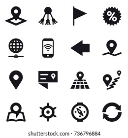 16 vector icon set : pointer, share, flag, percent, globe connect, phone wireless, left arrow, map, handwheel, compass, reload