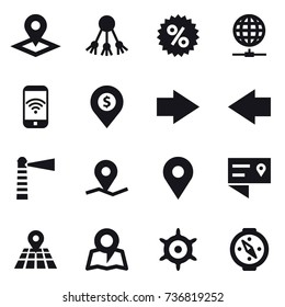 16 vector icon set : pointer, share, percent, globe connect, phone wireless, dollar pin, right arrow, left arrow, lighthouse, map, handwheel, compass