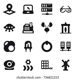 16 vector icon set : pointer, notebook, server, smart glasses, ufo, cashbox, detector, windmill
