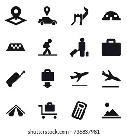 16 vector icon set : pointer, car pointer, greate wall, dome house, taxi, tourist, passenger, suitcase iocn, suitcase, baggage get, departure, arrival, tent, baggage trolley, inflatable mattress
