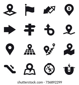 16 vector icon set : pointer, flag, up down arrow, dollar pin, right arrow, singlepost, escalator, map, compass