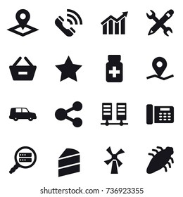 16 vector icon set : pointer, call, diagram, pencil wrench, remove from basket, star, windmill, bug