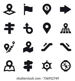 16 vector icon set : pointer, flag, dollar pin, right arrow, singlepost, escalator, map, signpost, handwheel, compass
