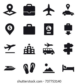 16 vector icon set : pointer, portfolio, plane, car pointer, dollar pin, suitcase iocn, passport, baggage get, departure, hotel, transfer, signpost, yacht, flip-flops, landscape, bed