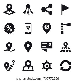 16 vector icon set : pointer, share, flag, percent, phone wireless, dollar pin, lighthouse, map, handwheel, reload