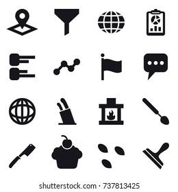 16 vector icon set : pointer, funnel, globe, report, diagram, graph, flag, message, stands for knives, fireplace, big spoon, chef knife, seeds, scraper
