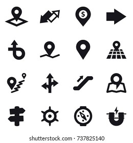 16 vector icon set : pointer, up down arrow, dollar pin, right arrow, escalator, map, signpost, handwheel, compass