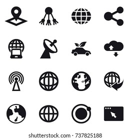 16 vector icon set : pointer, share, globe, notebook globe, satellite antenna, eco car, cloude service, antenna, earth