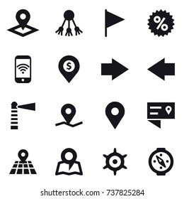 16 vector icon set : pointer, share, flag, percent, phone wireless, dollar pin, right arrow, left arrow, lighthouse, map, handwheel, compass