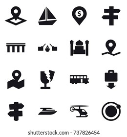 16 vector icon set : pointer, boat, dollar pin, singlepost, bridge, drawbridge, minaret, bus, baggage get, signpost, yacht