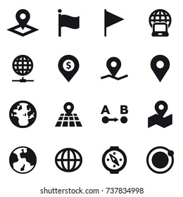 16 vector icon set : pointer, flag, notebook globe, globe connect, dollar pin, earth, globe, compass