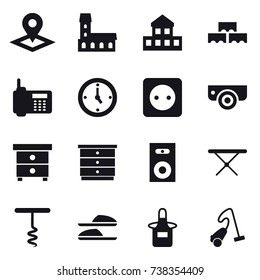 16 vector icon set : pointer, mansion, cottage, block wall, watch, power socket, surveillance camera, nightstand, chest of drawers, speaker, iron board, corkscrew, slippers, apron, vacuum cleaner