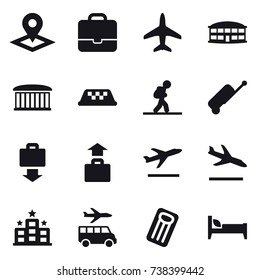 16 vector icon set : pointer, portfolio, plane, airport building, taxi, tourist, suitcase, baggage get, baggage, departure, arrival, hotel, transfer, inflatable mattress, bed