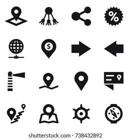 16 vector icon set : pointer, share, percent, globe connect, dollar pin, right arrow, left arrow, lighthouse, map, handwheel, compass