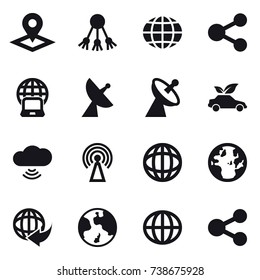 16 vector icon set : pointer, share, globe, notebook globe, satellite antenna, eco car, cloud wireless, antenna, earth