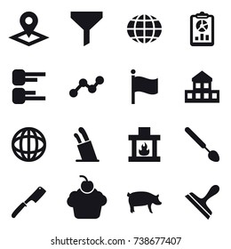 16 vector icon set : pointer, funnel, globe, report, diagram, graph, flag, cottage, stands for knives, fireplace, big spoon, chef knife, pig, scraper