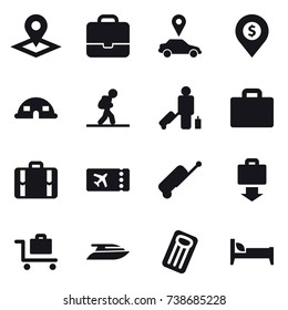 16 vector icon set : pointer, portfolio, car pointer, dollar pin, dome house, tourist, passenger, suitcase iocn, suitcase, ticket, baggage get, baggage trolley, yacht, inflatable mattress, bed