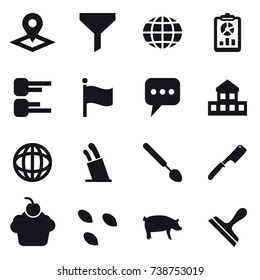 16 vector icon set : pointer, funnel, globe, report, diagram, flag, message, cottage, stands for knives, big spoon, chef knife, seeds, pig, scraper