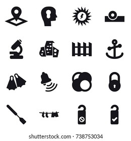 16 vector icon set : pointer, bulb head, sun power, modern architecture, fence, flippers, bell, spatula, drying clothe, do not distrub, please clean