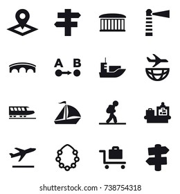 16 vector icon set : pointer, singlepost, airport building, lighthouse, bridge, train, sail boat, tourist, baggage checking, departure, hawaiian wreath, baggage trolley, signpost