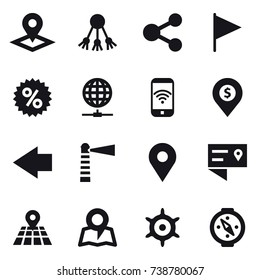 16 vector icon set : pointer, share, flag, percent, globe connect, phone wireless, dollar pin, left arrow, lighthouse, map, handwheel, compass