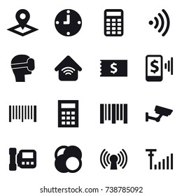 16 vector icon set : pointer, clock, calculator, wireless, virtual mask, wireless home, receipt, mobile pay, barcode, surveillance, intercome