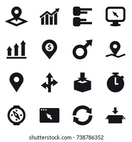 16 vector icon set : pointer, diagram, monitor arrow, graph up, dollar pin, compass, reload, package