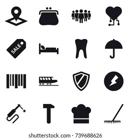 16 vector icon set : pointer, purse, team, cardio chip, sale label, train, shield, electricity, cook hat, rake