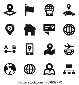 16 vector icon set : pointer, flag, notebook globe, car pointer, dollar pin, home, earth, globe, map, hierarchy
