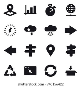 16 vector icon set : pointer, graph, stopwatch, globe connect, lightning, cloude service, cloud wireless, right arrow, left arrow, singlepost, signpost, reload, package