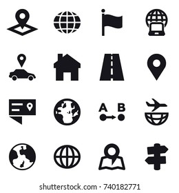 16 vector icon set : pointer, globe, flag, notebook globe, car pointer, home, earth, map, signpost