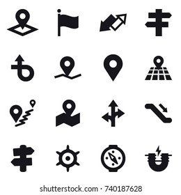 16 vector icon set : pointer, flag, up down arrow, singlepost, escalator, signpost, handwheel, compass