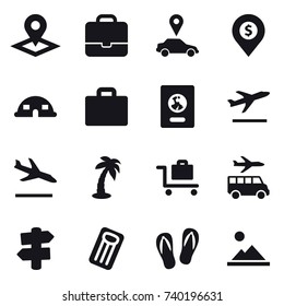 16 vector icon set : pointer, portfolio, car pointer, dollar pin, dome house, suitcase iocn, passport, departure, arrival, palm, baggage trolley, transfer, signpost, inflatable mattress, flip-flops
