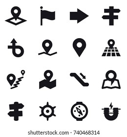 16 vector icon set : pointer, flag, right arrow, singlepost, escalator, map, signpost, handwheel, compass