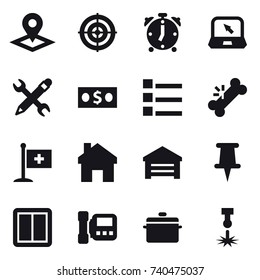 16 vector icon set : pointer, target, alarm clock, notebook, pencil wrench, money, list, home, garage, power switch, intercome, pan