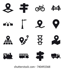 16 vector icon set : pointer, singlepost, bike, bridge, drawbridge, outdoor light, train, bus, signpost, sweeper