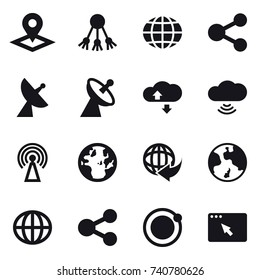 16 vector icon set : pointer, share, globe, satellite antenna, cloude service, cloud wireless, antenna, earth