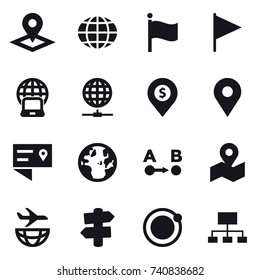 16 vector icon set : pointer, globe, flag, notebook globe, globe connect, dollar pin, signpost, hierarchy