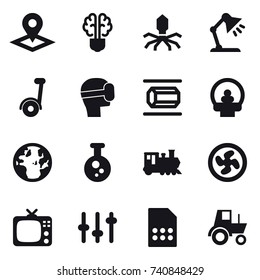 16 vector icon set : pointer, bulb brain, virus, table lamp, virtual mask, nanotube, train, cooler fan, tv, tractor