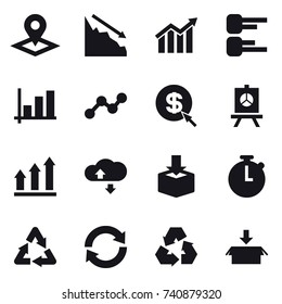 16 vector icon set : pointer, crisis, diagram, graph, dollar arrow, presentation, graph up, cloud service, reload, recycling, package