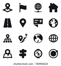 16 vector icon set : pointer, flag, globe connect, home, earth, globe, map, signpost, compass