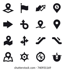 16 vector icon set : pointer, flag, up down arrow, dollar pin, right arrow, escalator, map, handwheel, compass