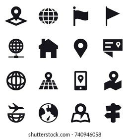 16 vector icon set : pointer, globe, flag, globe connect, home, earth, map, signpost