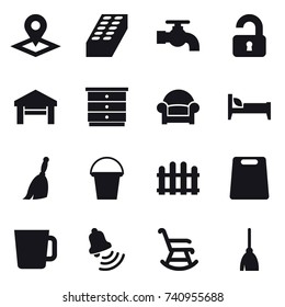 16 vector icon set : pointer, brick, water tap, unlocked, garage, chest of drawers, armchair, bed, broom, bucket, fence, cutting board, cup, bell, rocking chair